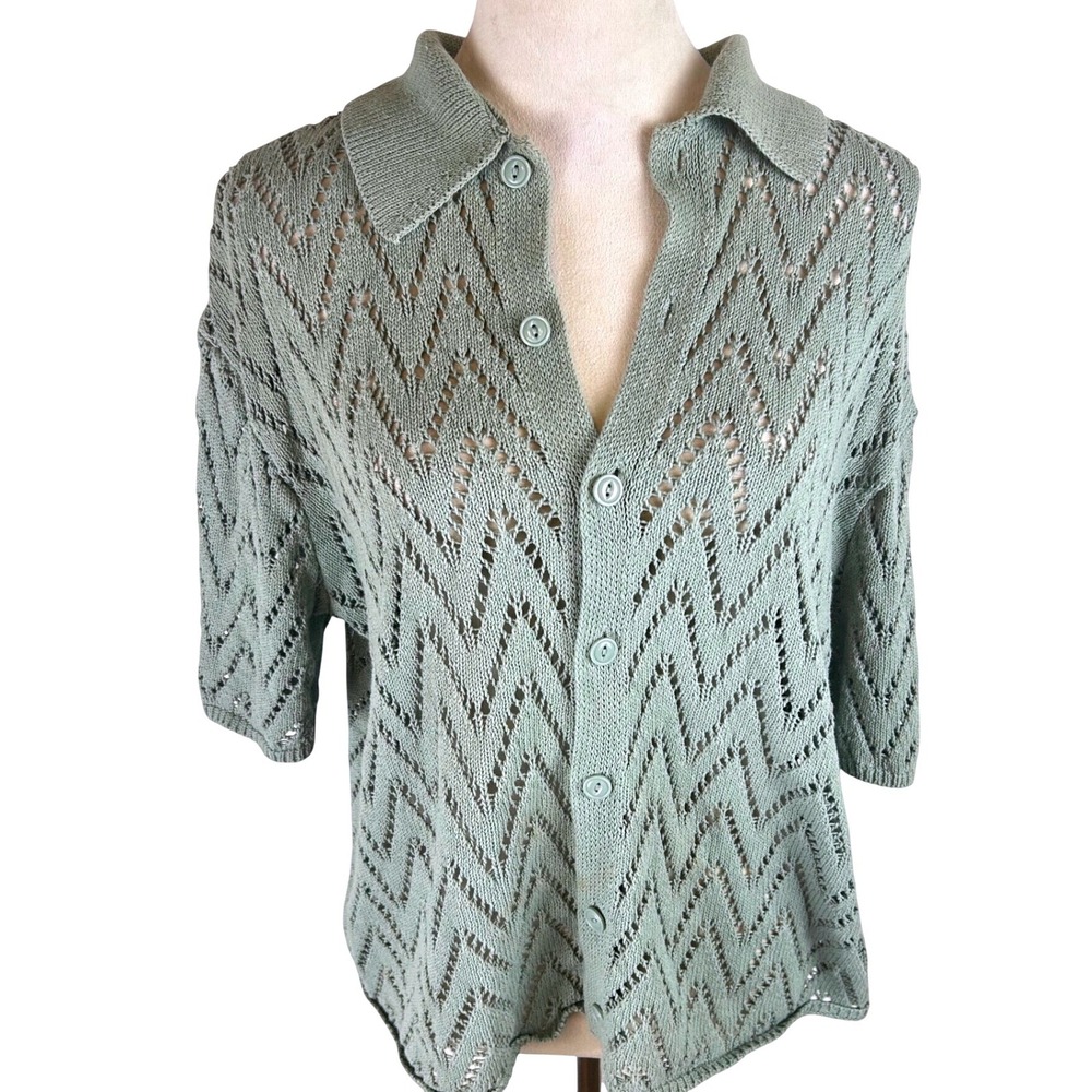 BDG Short Sleeve Button Down Cardigan Sage Green Pointelle Knit Womens Size M